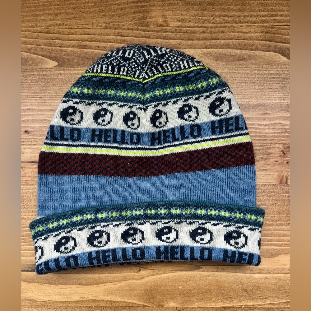 Urban Outfitters Blue, Brown and White Knit Beanie with Hello Pattern